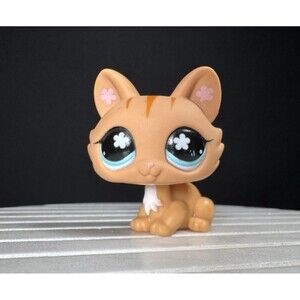 Littlest Pet Shop Crouching Kitten Cat Orange Striped #649 Teal Flower Eyes LPS